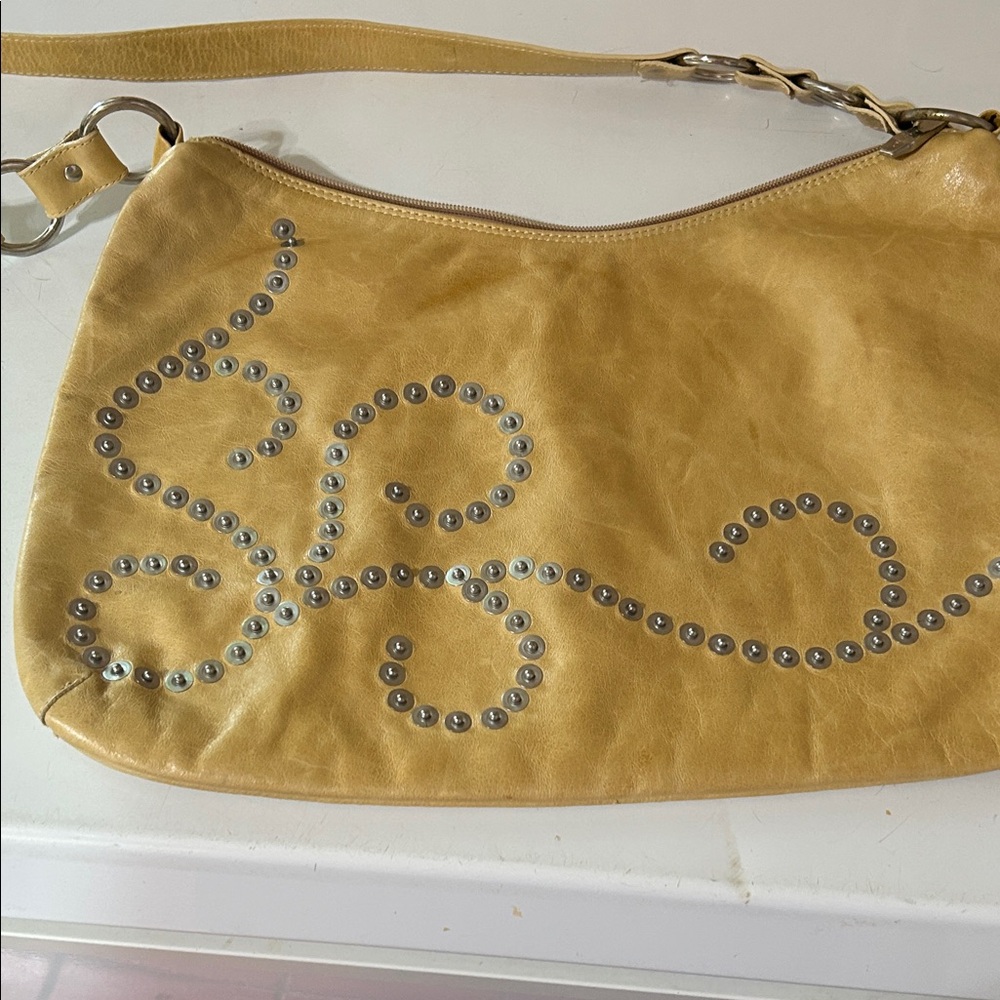 Berge Cream/Yellow Studded Leather Shoulder Bag made in Italy